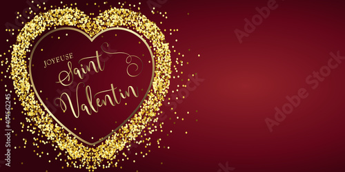 carte ou bandeau sur une joyeuse saint valentin en or dans un coeur couleur bordeaux et or sur un fond bordeaux avec des paillettes couleur or
