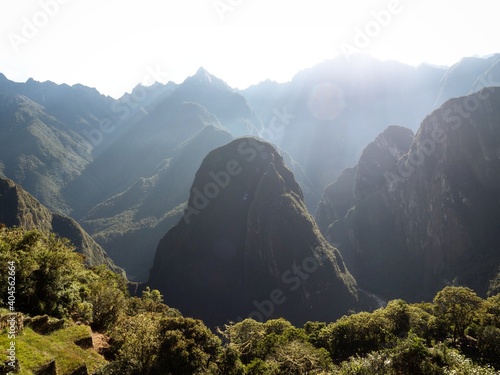 Panorama landscape of Putucusi Phutuq Kusi mountain at Machu Picchu Aguas Calientes Urubamba river valley Cuzco Peru photo