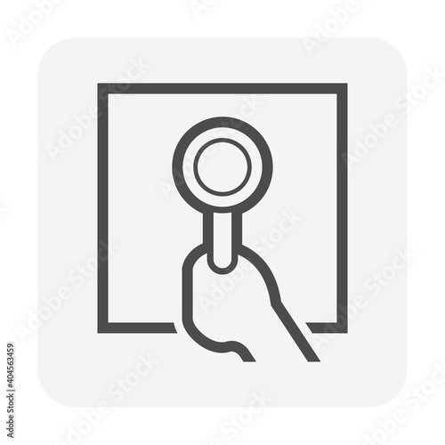 Tile floor installation, tool or equipment vector icon. With worker, tiler, material, huge mallet or rubber hammer. Bathroom, kitchen, home building improvement, repair, renovation, construction work.