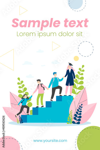 Students helping each other to climb upstairs. High school graduate, holding hands, team of friends flat vector illustration. Education, teamwork concept for banner, website design or landing web page