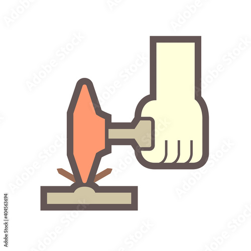 Welding chipping hammer and weld slag removing vector icon. Consist of forged steel, handle, metal plate and weld. Hand tool for welder, machinist, metalworker, blacksmith, fabricator and mechanics.