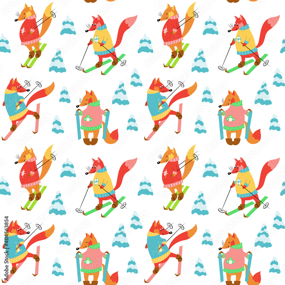 Seamless pattern with colorful foxes in sweaters on skis. Animalistic vector background. Can be used for wallpapers, pattern fills, textile, surface textures.