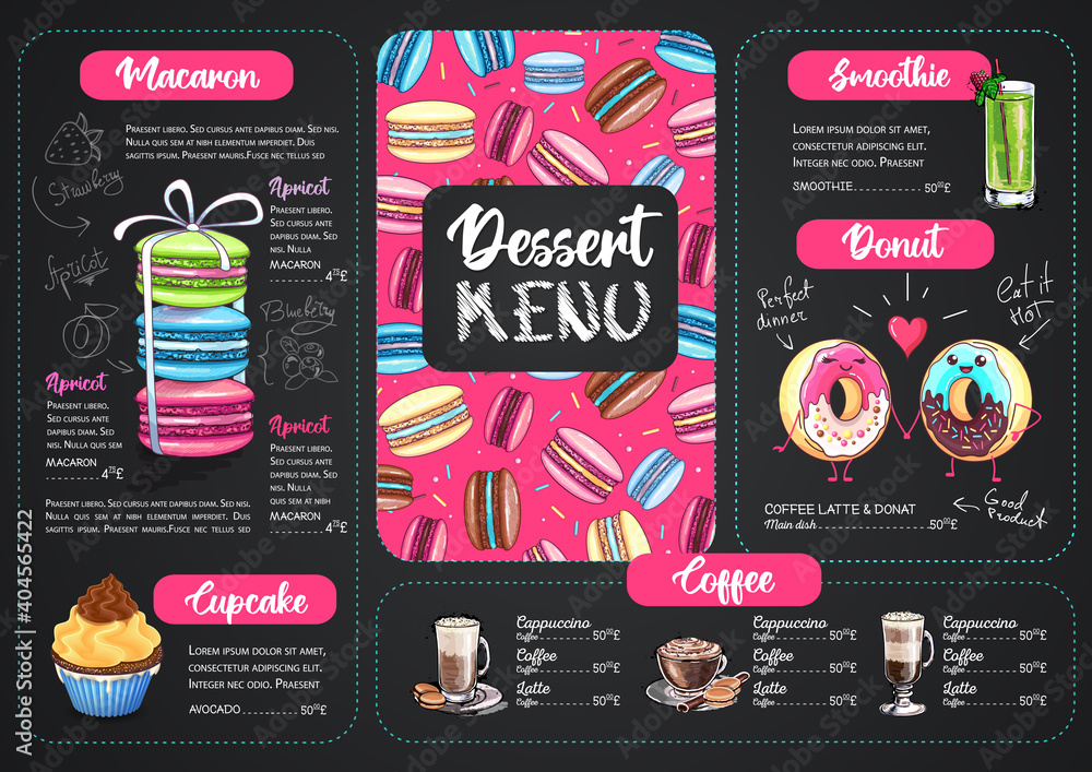 Chalk drawing dessert menu design with sweet french macaroons