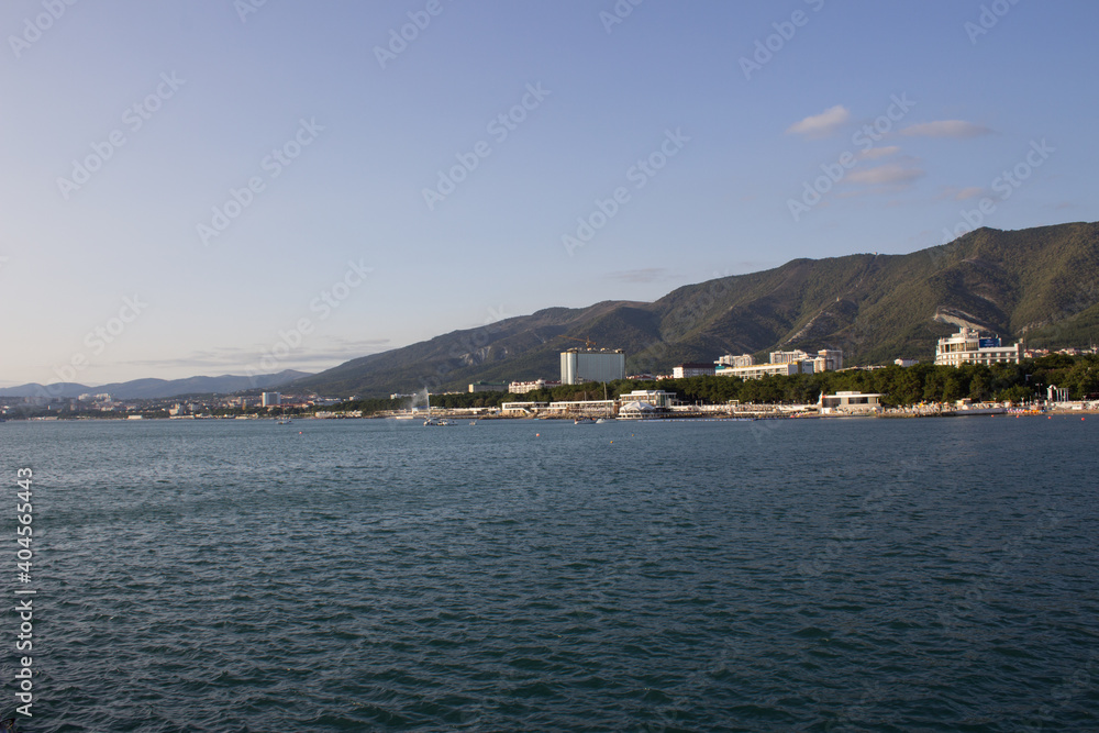 Beautiful view of the sea and mountains from the embankment Beautiful view of the sea and mountains from the embankment