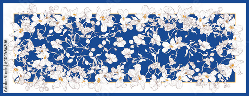 Silk scarf with apple blossom. Abstract seamless vector pattern with hand drawn floral elements. Trend colorful silk scarf with flowers. Size 180x70. Yellow, blue and white