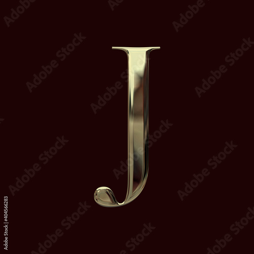 Alphabet letter J with metallic gold texture, bold typeface, 3D rendering, golden font, premium uppercase typography for poster, banner, cover