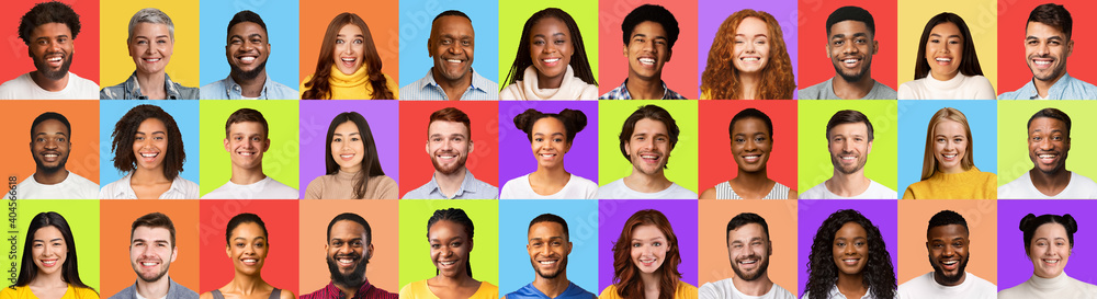 Mosaic Of Headshots With Women And Men Over Colorful Backgrounds Mosaic Of Headshots With Women And Men Over Colorful Backgrounds