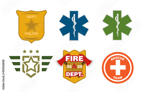 Set of badges services public rescue emergency police paramedic and fireman