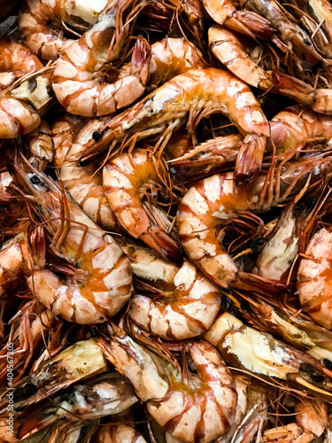 Raw king prawns background. Tiger chrimp. Seafood pattern. photo