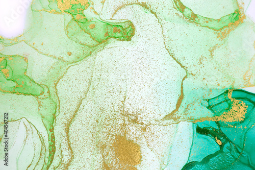 Light green watercolor background. Alcohol ink texture with gold layers.