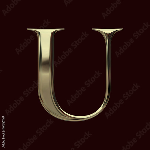 Alphabet letter U with metallic gold texture, bold typeface, 3D rendering, golden font design, premium uppercase typography for poster, banner, cover