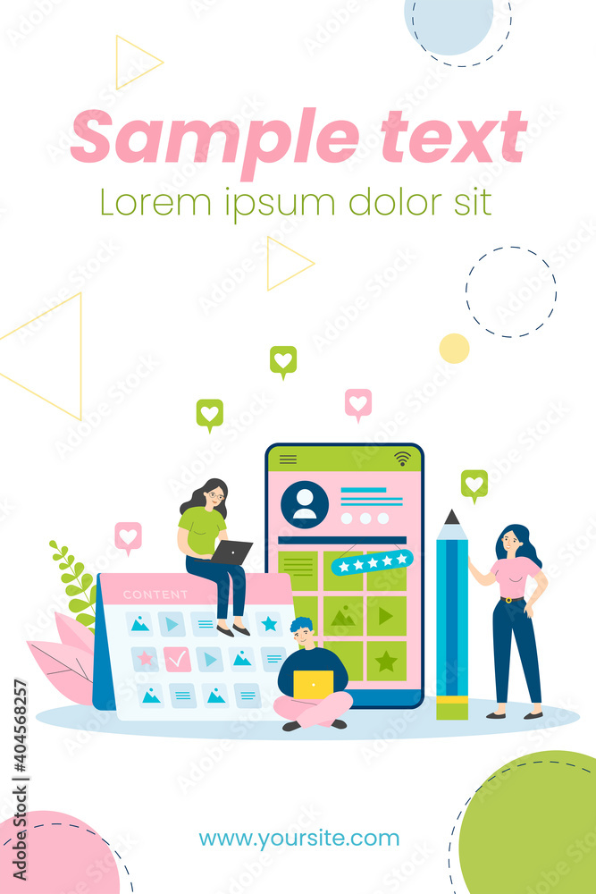 Bloggers with computers working on content strategy and plan. Flat vector illustration for social media promotion, advertising campaign, seo, blogging concept Bloggers with computers working on content strategy and plan. Flat vector illustration for social media promotion, advertising campaign, seo, blogging concept