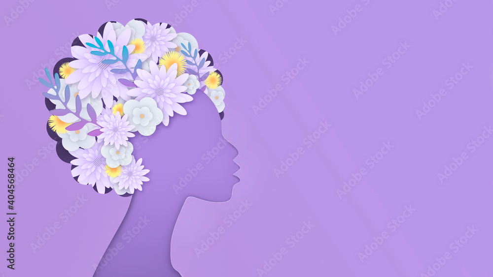 Silhouette of an African-American woman on a purple background. Hairstyle decorated with flowers. Postcard, banner. Congratulations on the International Women's Day. Beauty concept. Spring flowers. Th
