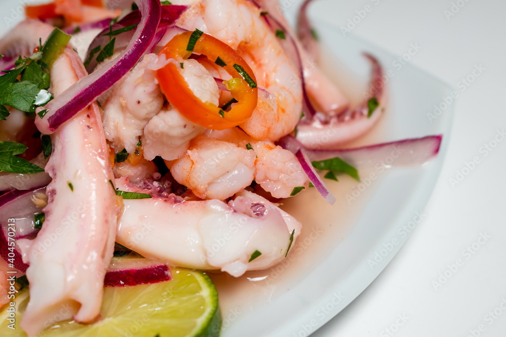 Typical Peruvian food, squid ceviche, shrimp and white fish with purple onion and a good tiger milk. Side view. Typical Peruvian food, squid ceviche, shrimp and white fish with purple onion and a good tiger milk. Side view.