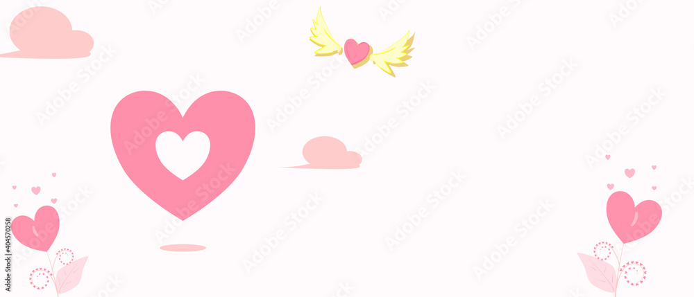 Concept happy love, lover heart. Background pink heart with heart wing, banner art lover. Vector banner style. Illustration for content valentine day, postcards, posters love, drawing minimal 