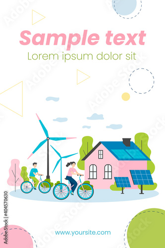 People riding bikes by windmills and solar power station. Flat vector illustration for eco friendly technology, transport, renewable energy, sustainable development concept