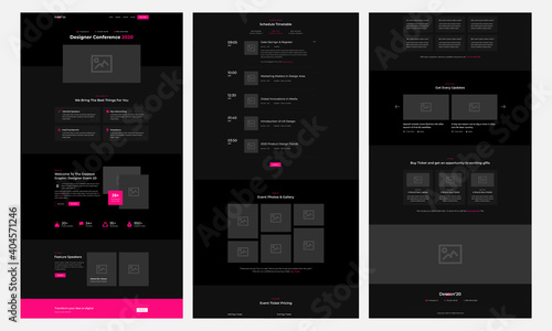 One page event management template. Landing page UX UI wireframe. Flat modern responsive design. website: home, feature about, speakers, schedule, gallery, pricing, testimonials, faq, blog, map.