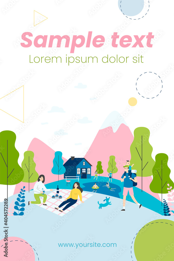 People spending vacation outdoors. Picnic, hiking in mountains, swimming in lake flat vector illustration. Leisure, outdoor activity, summer concept for banner, website design or landing web page