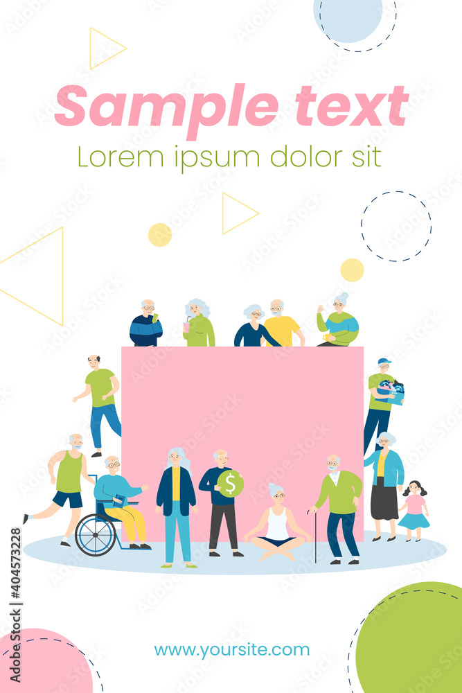 Senior people around blank banner. Crowd of grey haired men and women, old couple flat vector illustration. Retirement, elderly age concept for banner, website design or landing web page Senior people around blank banner. Crowd of grey haired men and women, old couple flat vector illustration. Retirement, elderly age concept for banner, website design or landing web page