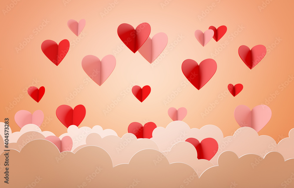 Valentines day concept, clouds and hearts with warm background