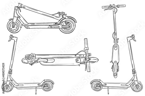 Electric scooter sketch set. Modern transport. Ecologically pure. Active lifestyle. Different angle. Hand drawn modern illustration for your postcards, banners.