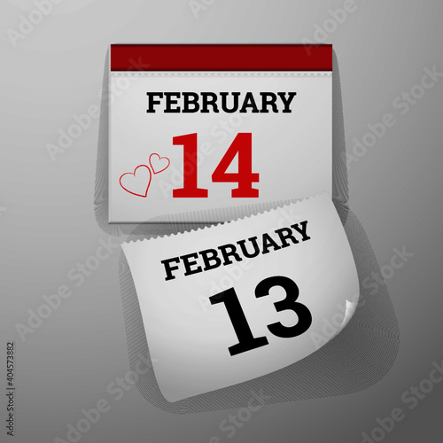 Realistic wall calendar with falling page revealing Valentine's day date