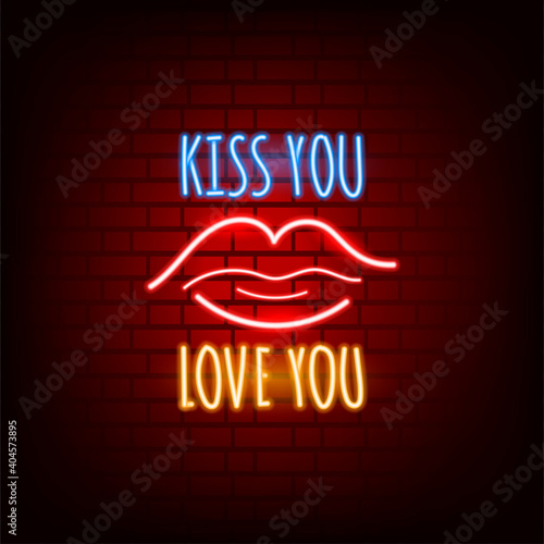 Neon sign. Valentine's Day. A holiday for all lovers. Glowing text. Design element on a dark background for your postcard or banner.