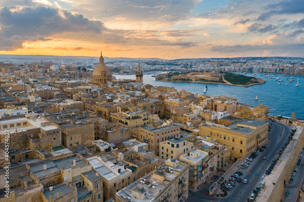 Aerial view of Valletta - capital of Malta. Manoel island. Sunset