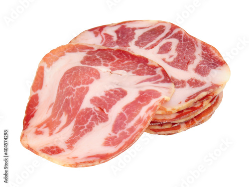 Fotografie Capocollo or coppa traditional Italian dry cured pork meat slices isolated on a