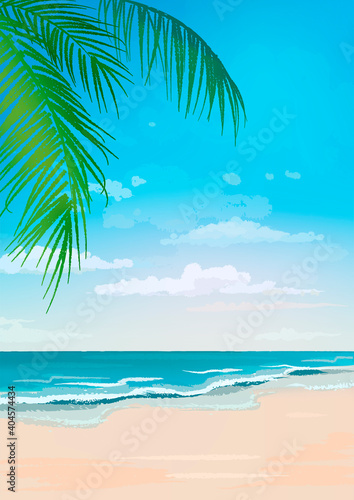 Tropical beach card with sand, sea and palm trees