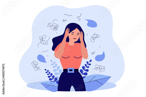 Nervous woman with mental problem feeling anxiety isolated flat vector illustration. Cartoon character having headache and touching head surrounded by thinks. Neurosis and depression concept