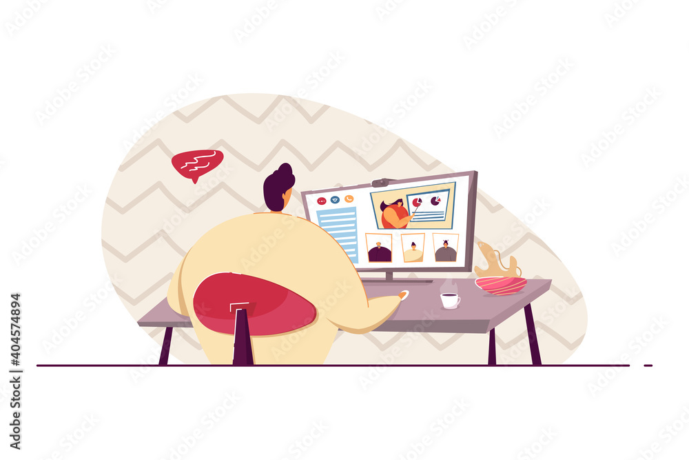 Manager using computer for video conference meeting with colleagues, discussing project and analyzing charts online. Vector illustration for group corporate communication, technology concept Manager using computer for video conference meeting with colleagues, discussing project and analyzing charts online. Vector illustration for group corporate communication, technology concept