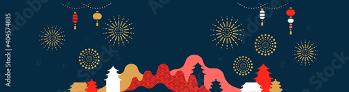 Chinese city background with gold firework sky