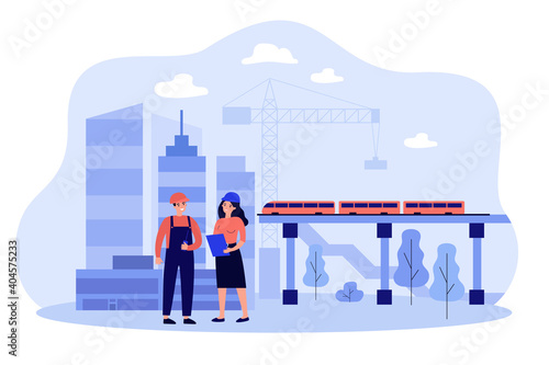 Professional engineers discussing project isolated flat vector illustration. Cartoon builders building industry infrastructure. Civil engineering and construction concept