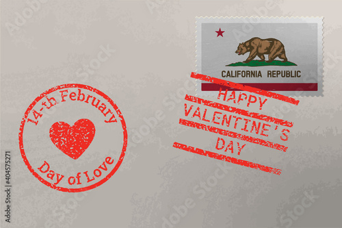 Postage stamp envelope with California flag and Valentine s Day stamps, vector
