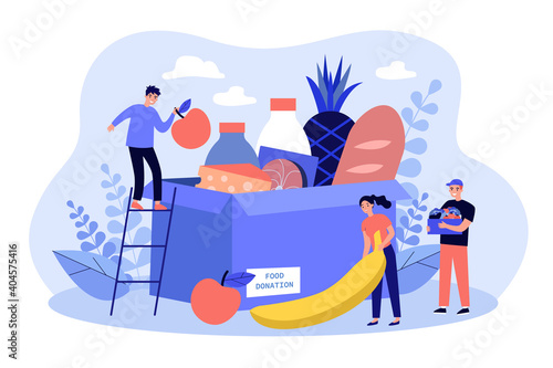 Tiny volunteers gathering grocery box for help isolated flat vector illustration. Canned food donation for delivery to poor community. Charity and social support concept