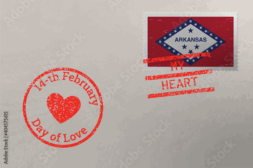 Postage stamp envelope with Arkansas flag and Valentine s Day stamps, vector