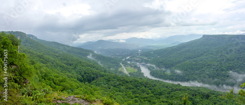 Travel through the national Park in the mountains on a sunny day  early in the morning  panorama of the area.