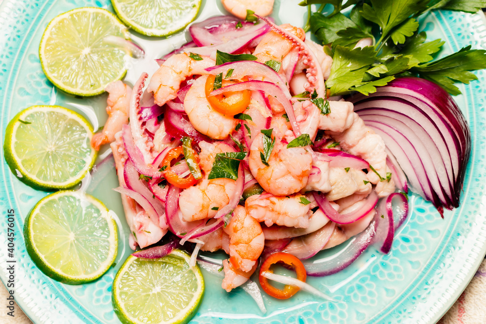 Typical Peruvian food, ceviche. Rustic presentation on a colored plate. Popular, ethnic food concept. Typical Peruvian food, ceviche. Rustic presentation on a colored plate. Popular, ethnic food concept.