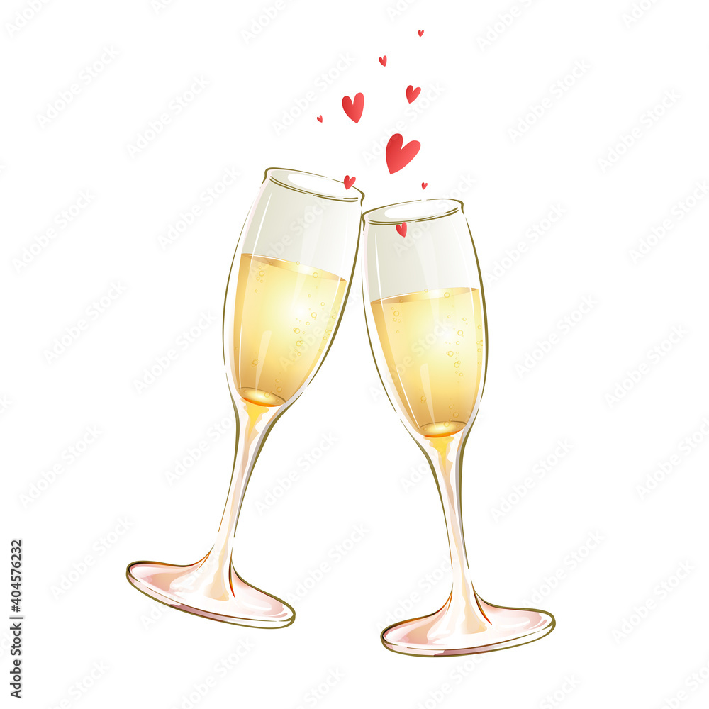 Two glass goblets with white wine and hearts. Festive toast. Isolated sticker. Two glass goblets with white wine and hearts. Festive toast. Isolated sticker.