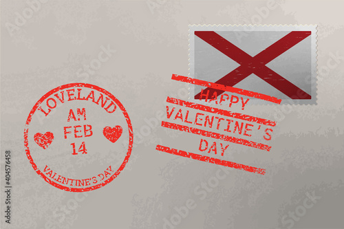 Postage stamp envelope with Alabama flag and Valentine s Day stamps, vector