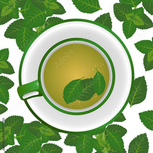 Illustration vectorielle d’une tasse de thé à la menthe vue de dessus sur un fond au motif de feuilles de menthe.