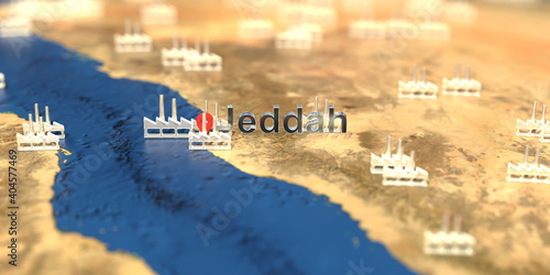Factory icons near Jeddah city on the map, industrial production related 3D rendering