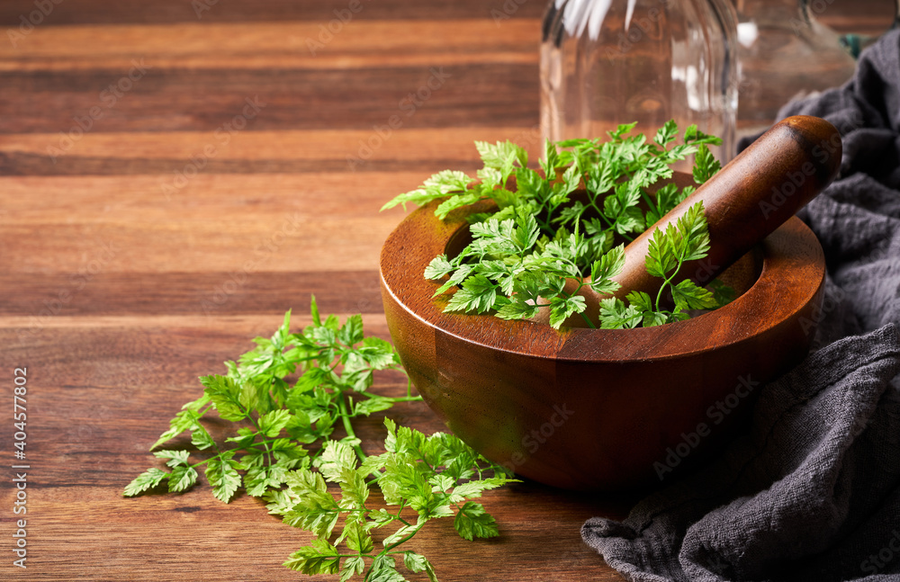 Ταπετσαρία concept of herb green chervil in a wooden mortar with glass bottles and fabric o