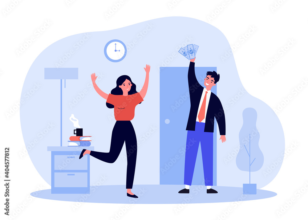Man bringing salary to wife. Husband coming home with money, cash. Flat vector illustration. Family, income, budget concept for banner, website design or landing web page