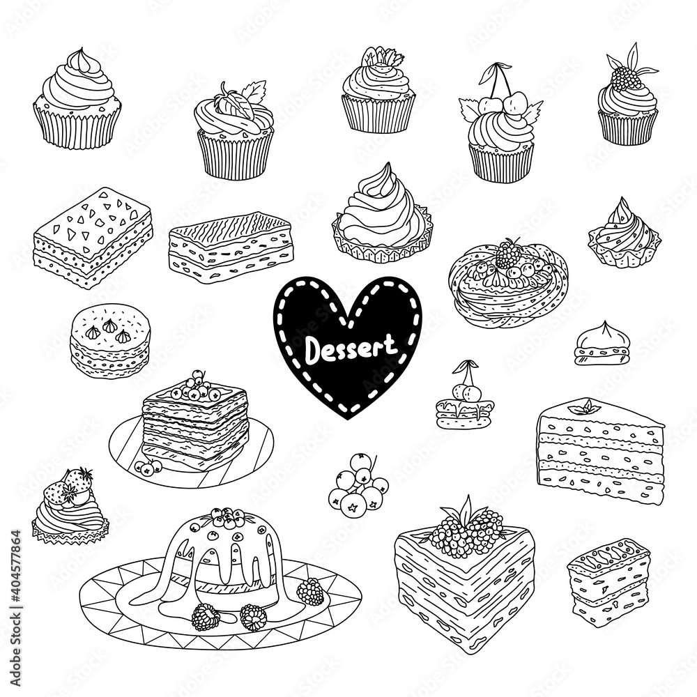 Food background. Sketch of sweets. Various desserts.