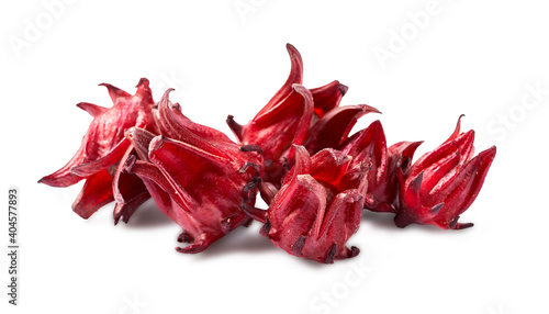 fresh red roselle fruits or hibiscus sabdariffa isolated on white background with clipping path                  photo