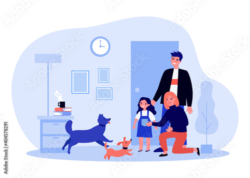 Dogs welcoming family in apartment. Parents and kid coming home to pets. Flat vector illustration. Domestic animals keeping, lifestyle concept for banner, website design or landing web page