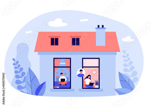 Couple chatting online. Young girl and guy using laptops at their homes, view from outside. Flat vector illustration. Communication, dating site concept for banner, website design or landing web page