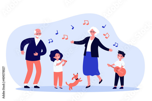Kids, grandparents and pets having fun. Dog, playing musical instrument, dancing. Flat vector illustration. Family party, unity, generation concept for banner, website design or landing web page